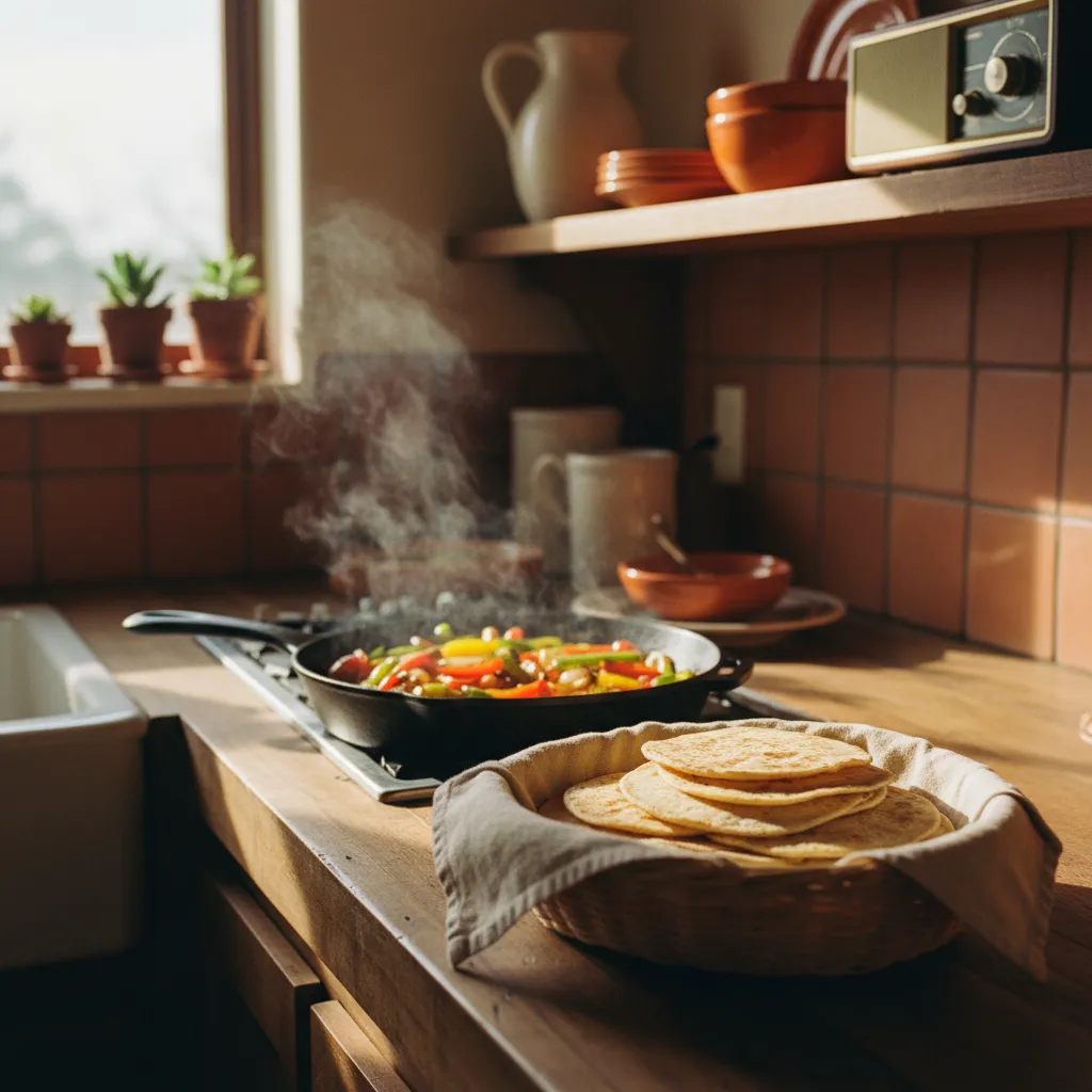 Tortillas in a cloth-lined basket beside a sizzling skillet