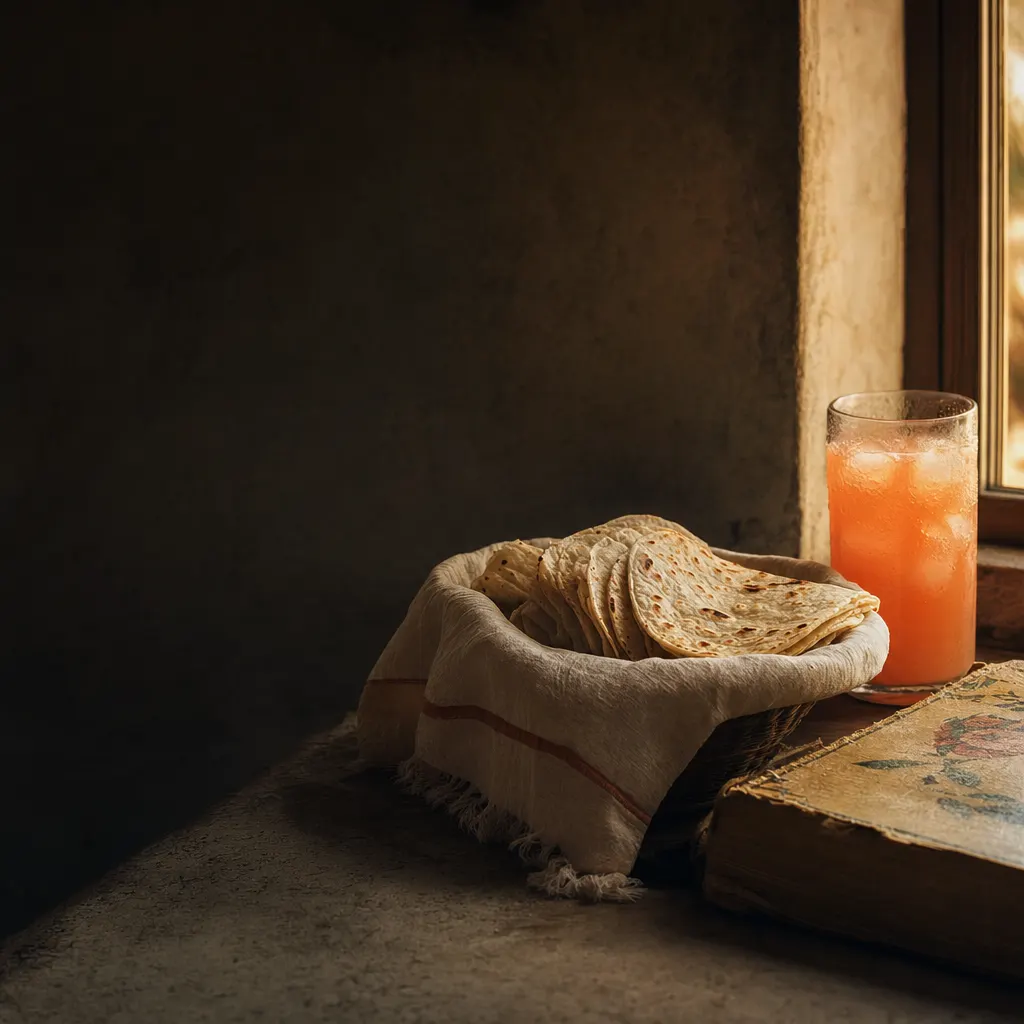 Tortillas in a cloth-lined basket by a window
