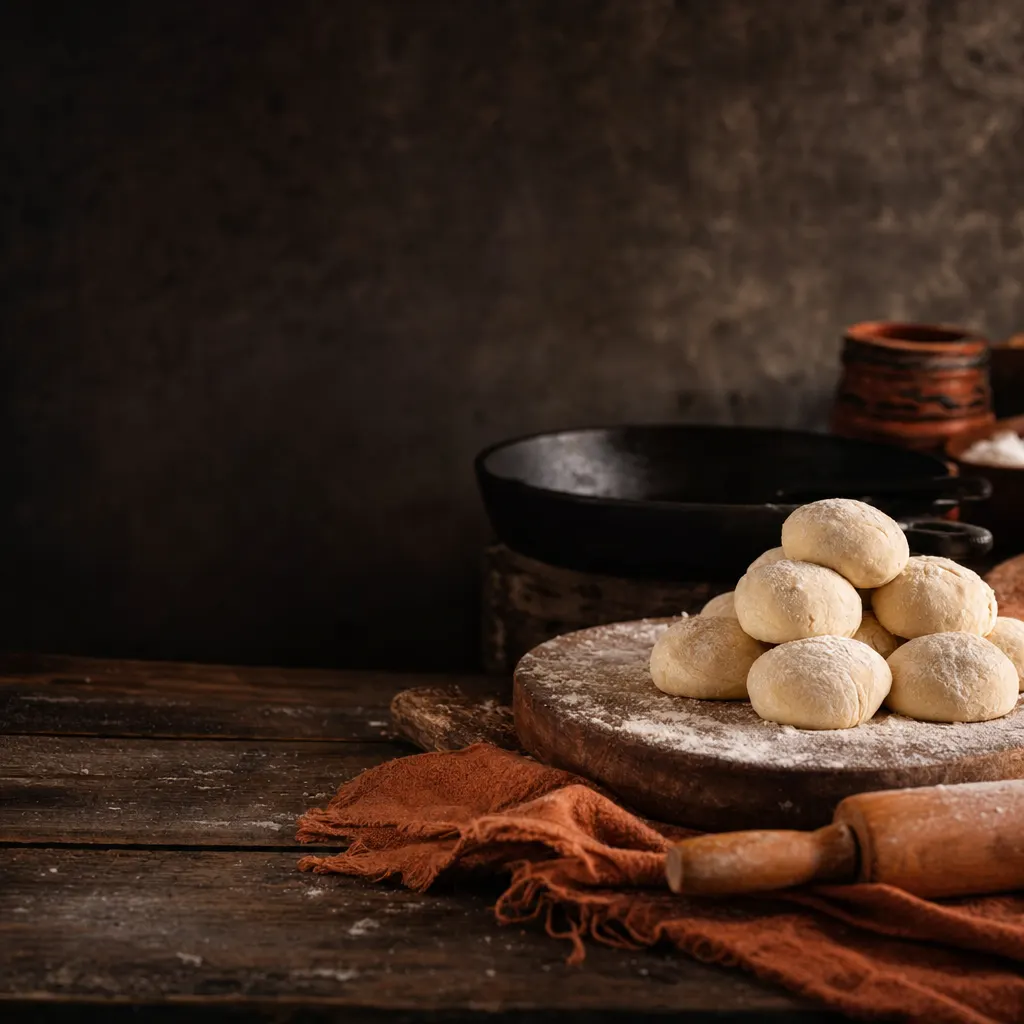 Tortilla dough and rolling pin on a flour-dusted board