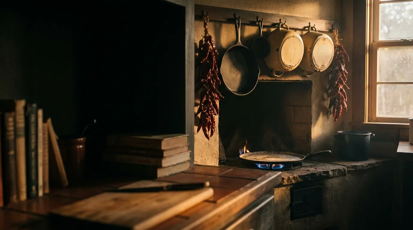 Heritage Texas kitchen with a comal over flame
