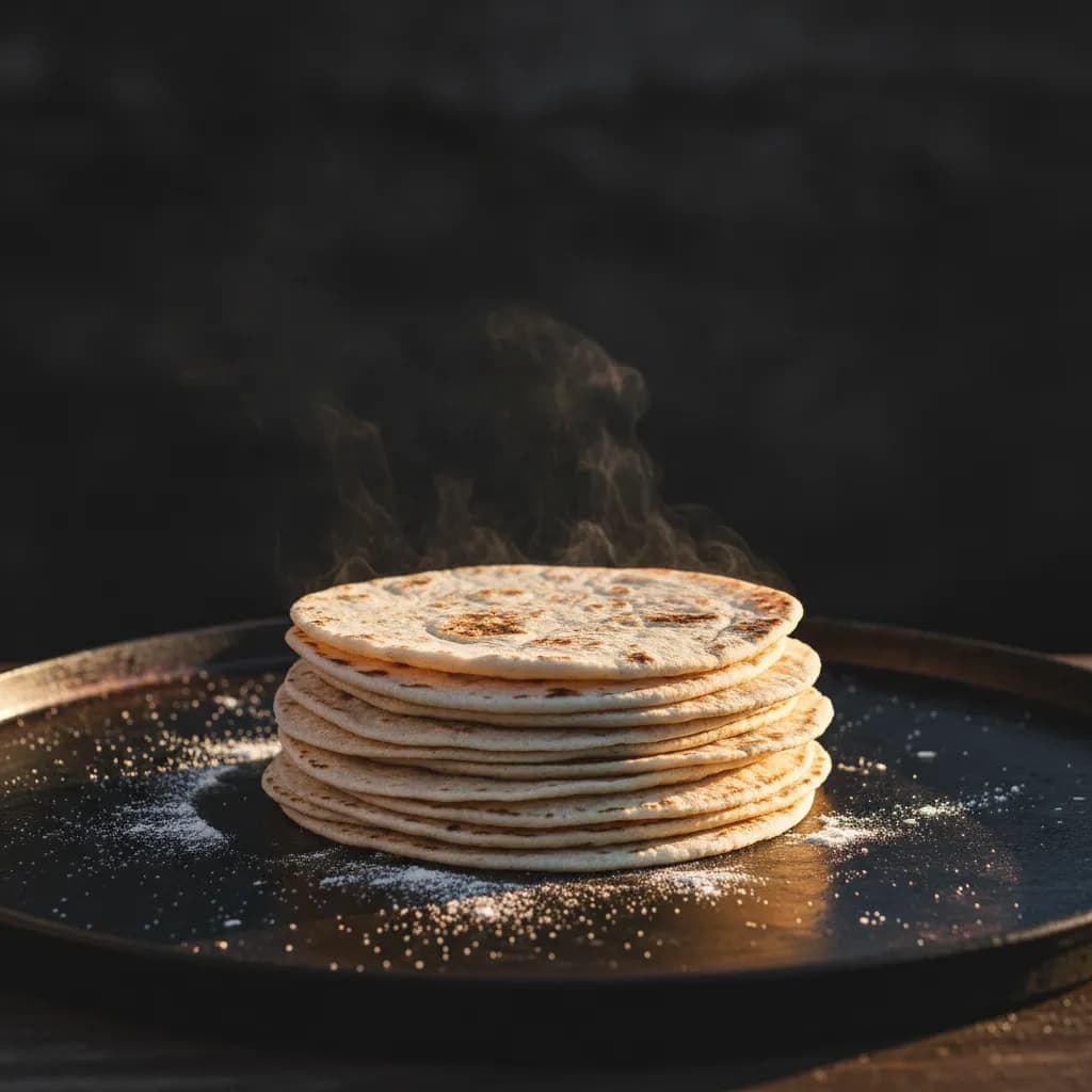 Stack of fresh flour tortillas steaming on a comal