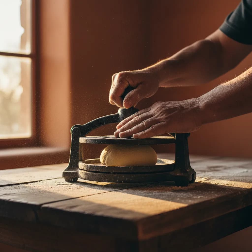 Hands pressing masa dough in a cast iron tortilla press