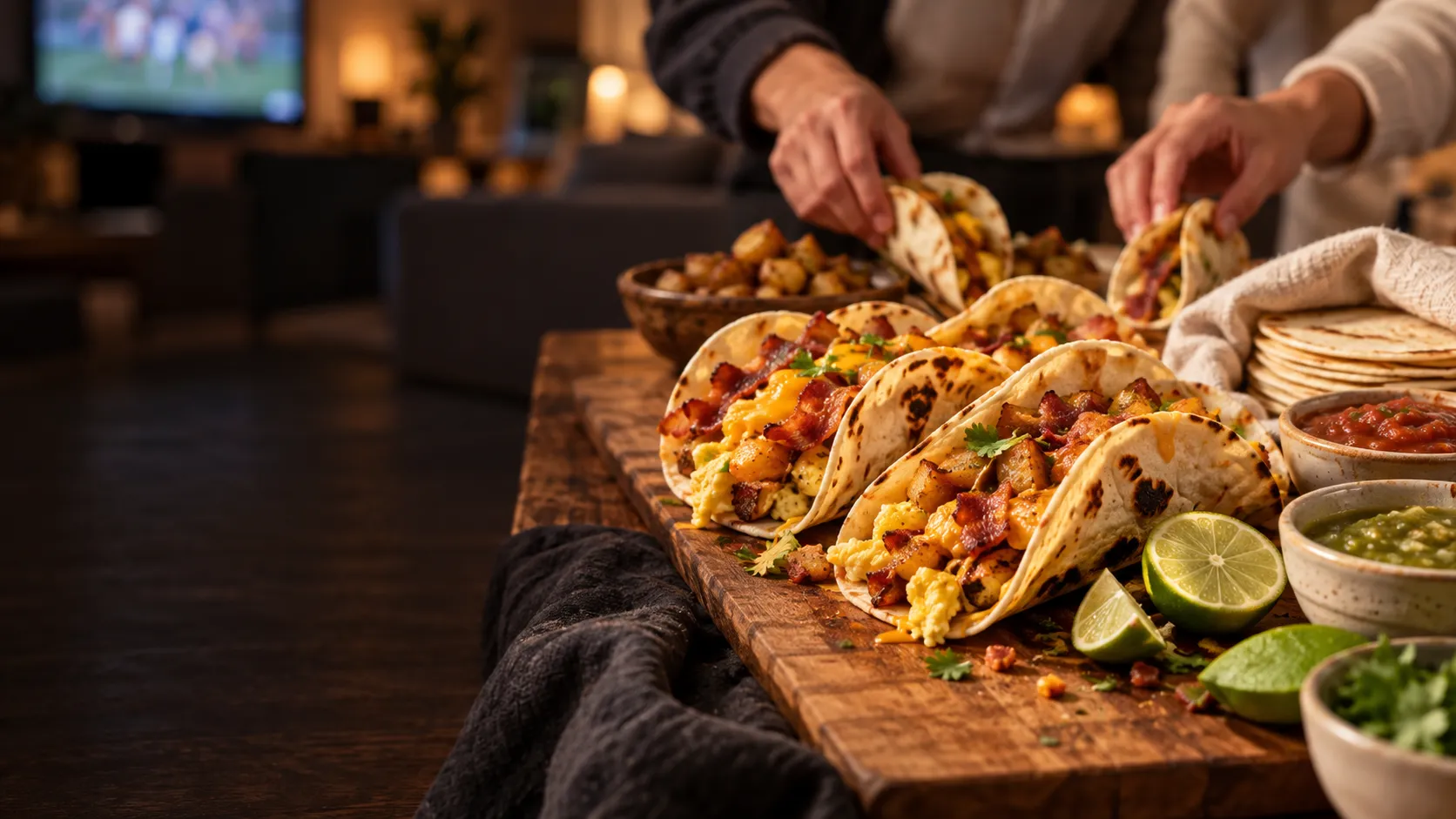 Breakfast tacos on a snack table at a football watch party