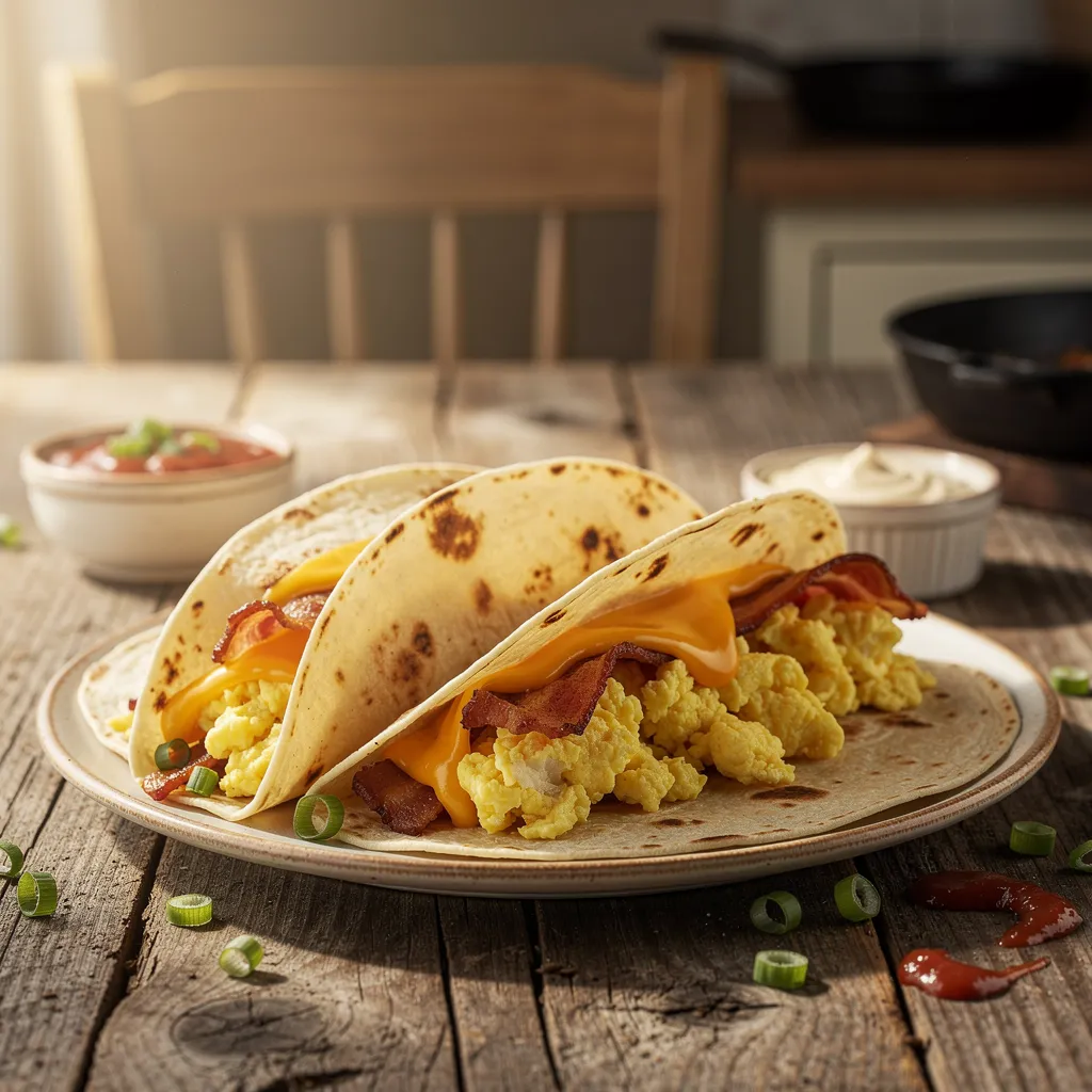 Breakfast tacos with egg, bacon and cheese in flour tortillas