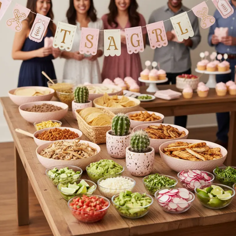 Baby shower taco bar with festive decorations