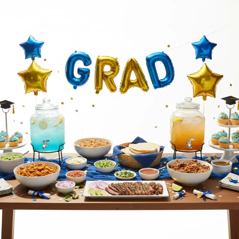 Graduation party taco bar with festive decorations