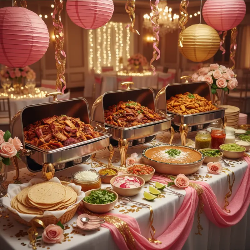 Quinceañera celebration taco spread with elegant decorations