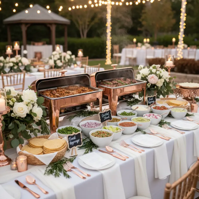 Elegant wedding taco bar setup with beautiful presentation