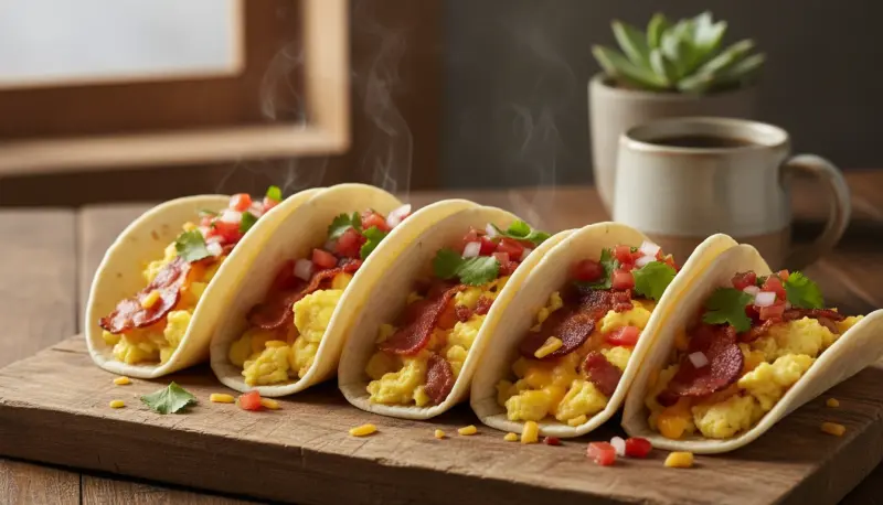 Texas-style breakfast tacos with scrambled eggs, bacon, and cheese
